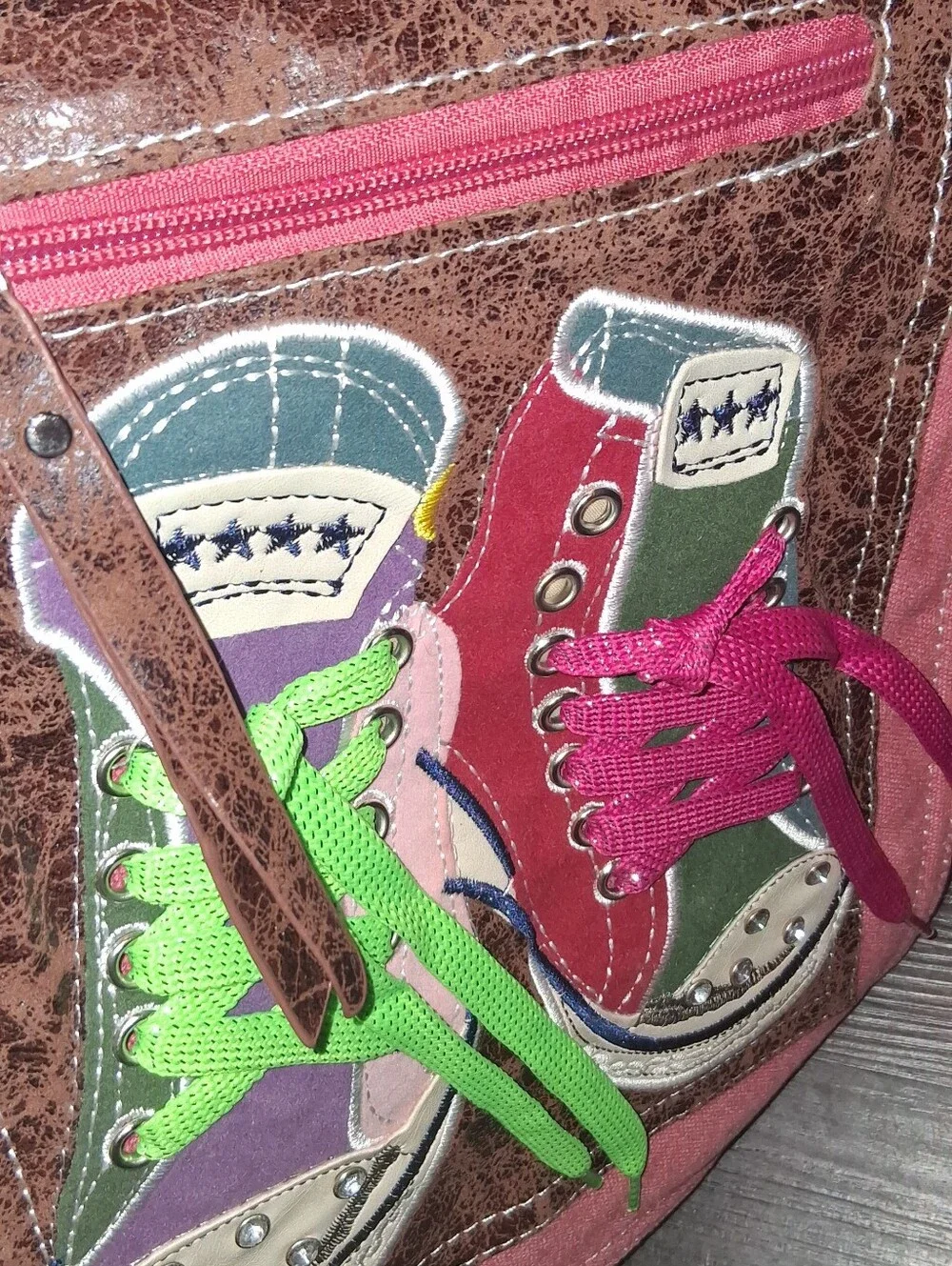 Y2k Pink Crossbody Bag with Colorful Sneaker Appliqué